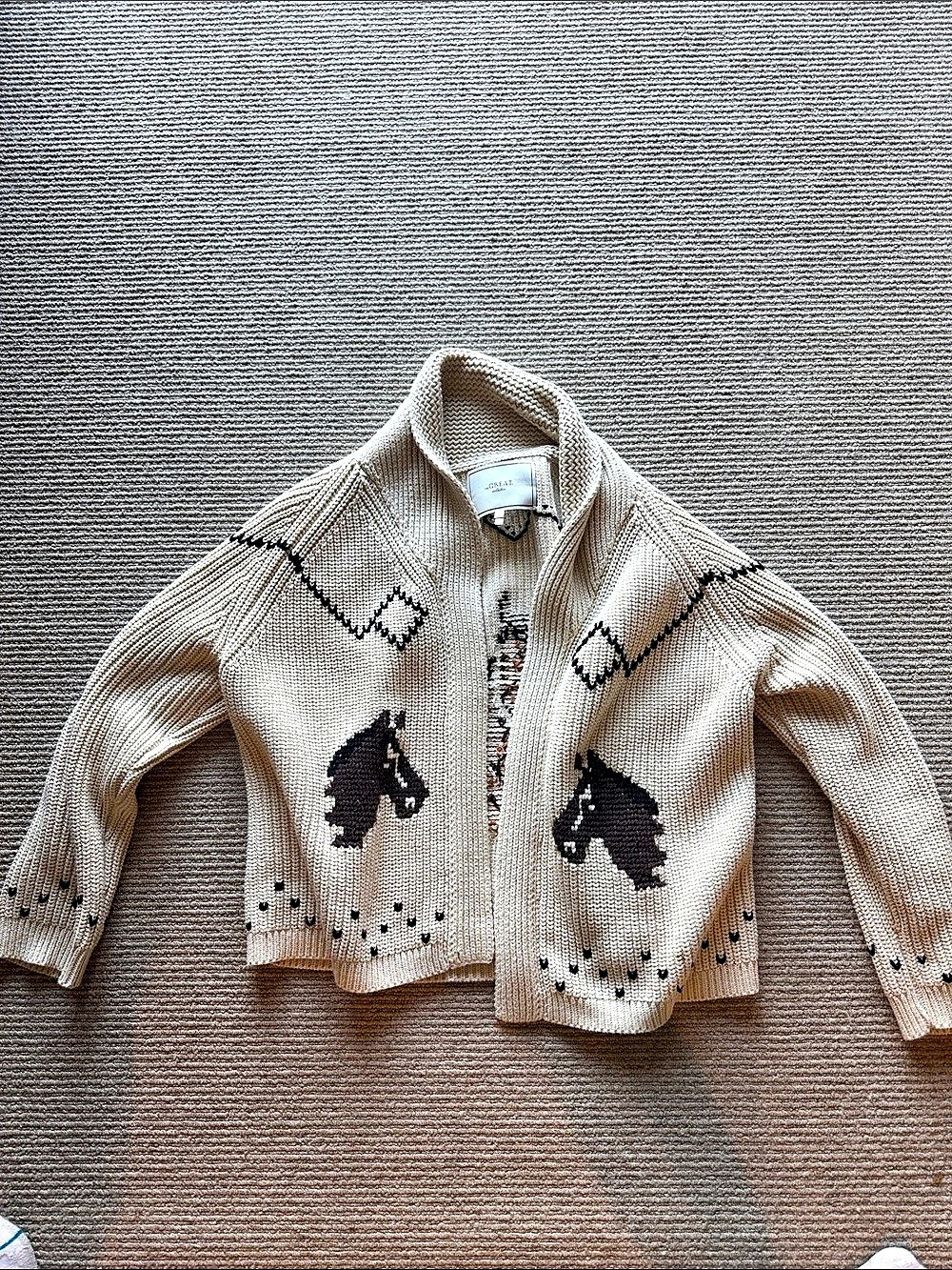 THE GREAT. The Horse Lodge Cardigan. Women's Geometric Cream & Black